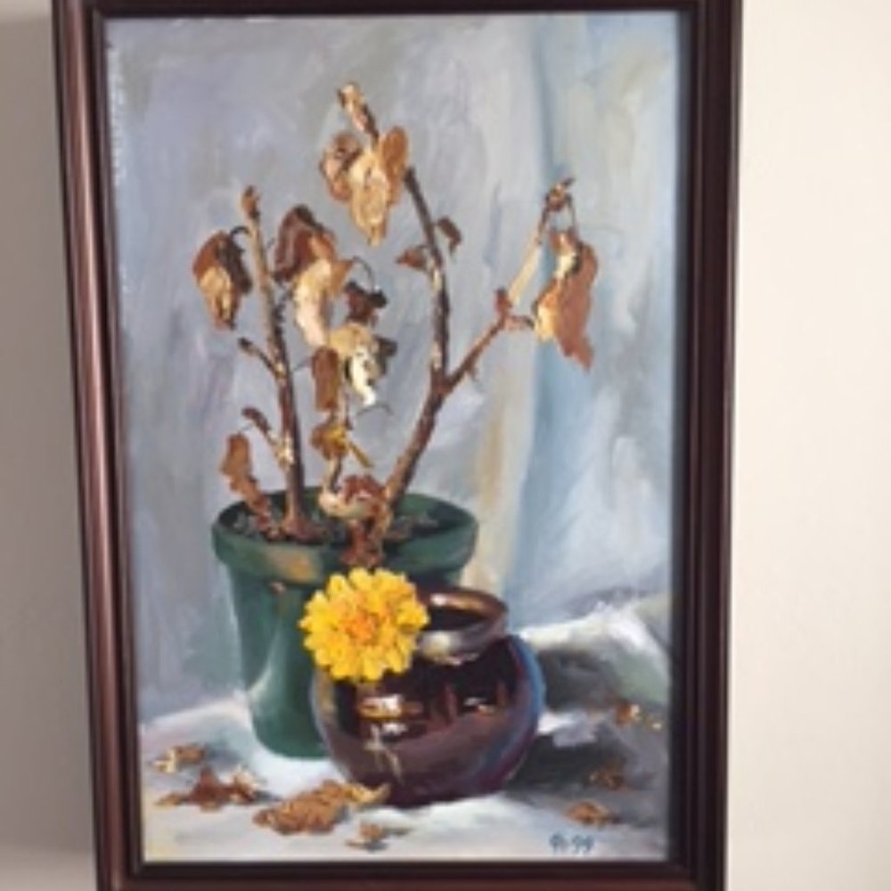 Hand Painted Oil Floral Yellow Plant Custom Framed